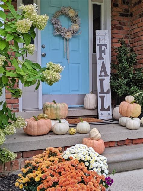 Fall Front Porch with Pink and White Cinderella Pumpkins