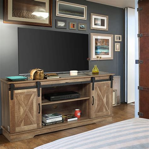 Jaxpety Wooden TV Stand with Sliding Barn Door for 65''TVs, Farmhouse ...