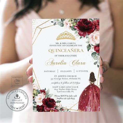 Burgundy Blush Floral Quinceañera Invitation Mis Quince 15 Anos Birthd ...