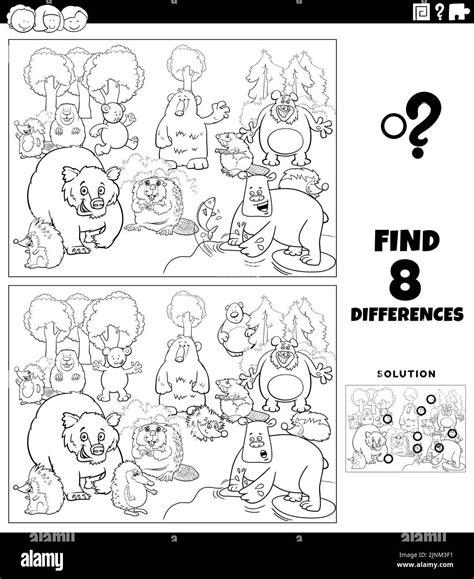 Black and white cartoon illustration of finding the differences between pictures educational ...