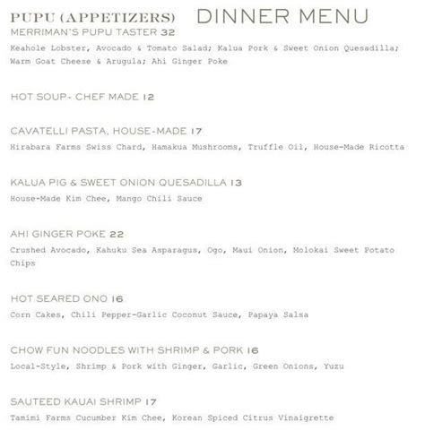 Menu at Merriman's Kapalua pub & bar, Kapalua