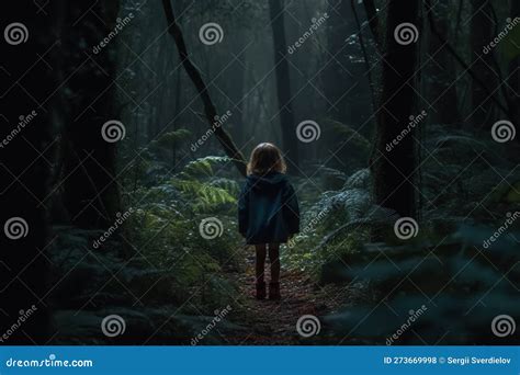 Little Girl Walking in the Dark Mystery Forest, Back View. Seemingly ...