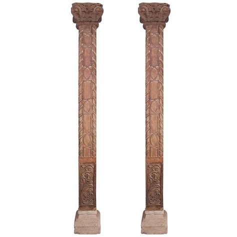 Pair of Carved Wooden Pillars Columns For Sale at 1stdibs