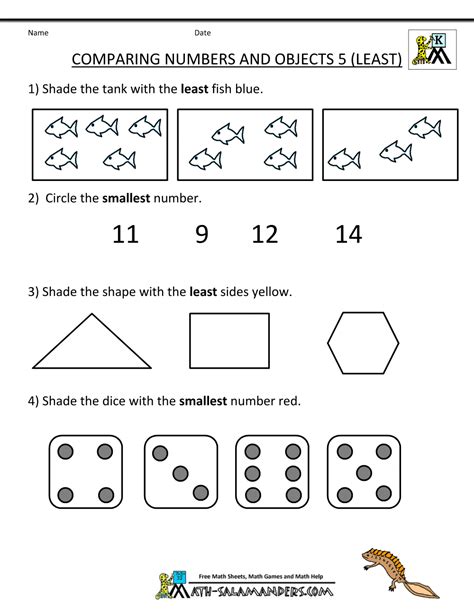 Kindergarten Math Worksheets Comparing Numbers and Size