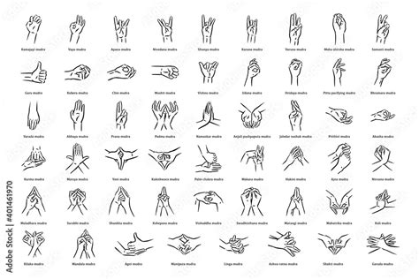 Mudras icon set. Hand spirituality hindu yoga of fingers gesture. Technique of meditation for ...