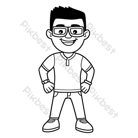 Outline Sketch Cartoon Character Na May Suot Na Salamin At T Shirt Drawing Vector | Imahe ng PNG ...