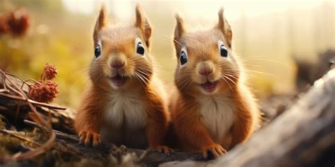 Premium AI Image | Two funny little squirrels in the autumn forest look ...