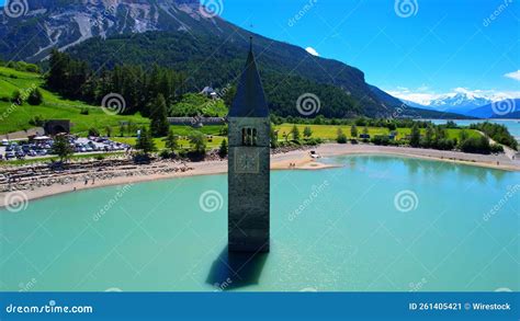 Church Tower in Lake Reschen - South Tyrol - Italy - 4k Drone Photo Stock Image - Image of ...