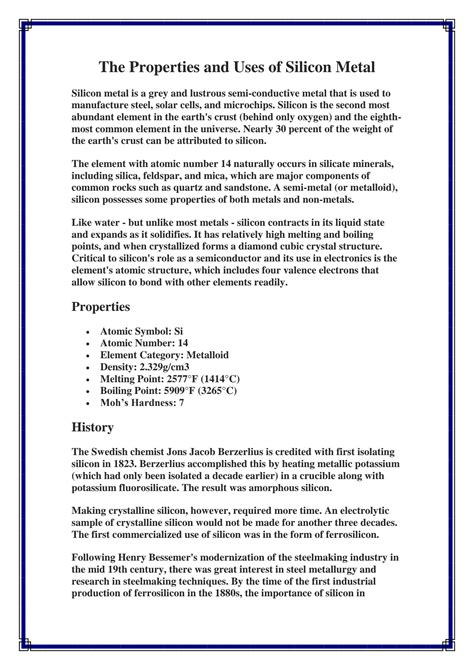 SOLUTION: The properties and uses of silicon metal - Studypool