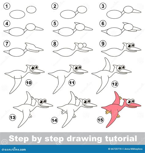 Funny Pterodactyl. Drawing Tutorial. Stock Vector - Illustration of developing, preschool: 66720770