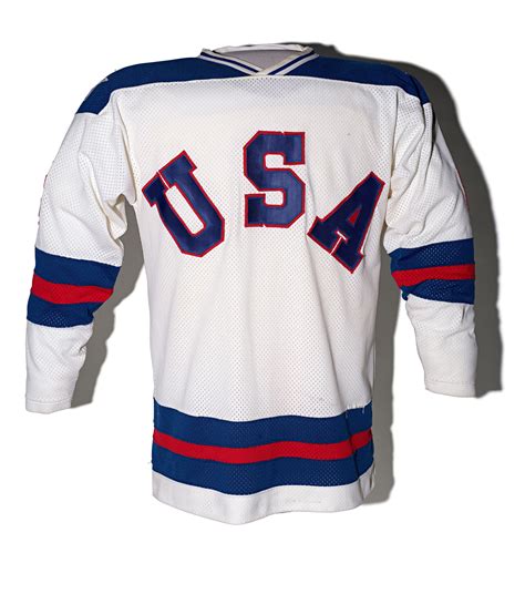 Team USA Jersey worn by Bill Baker of the U.S. Hockey Team during the 1980 Winter Olympics ...