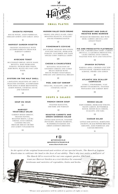 Harvest Restaurant menu in Laguna Beach, California, USA