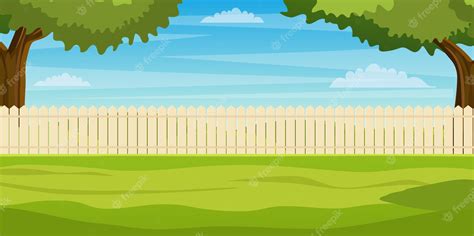 Premium Vector | Garden backyard with wooden fence hedge, green trees ...