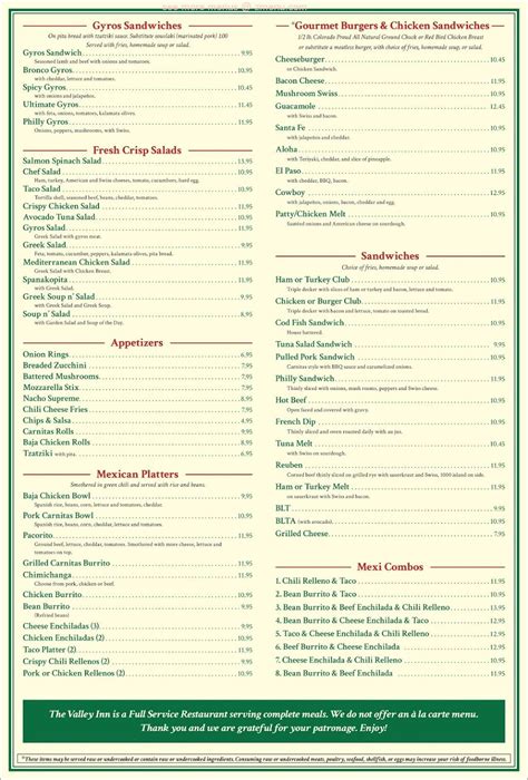 Online Menu of Valley Inn Restaurant Restaurant, Lakewood, Colorado, 80227 - Zmenu