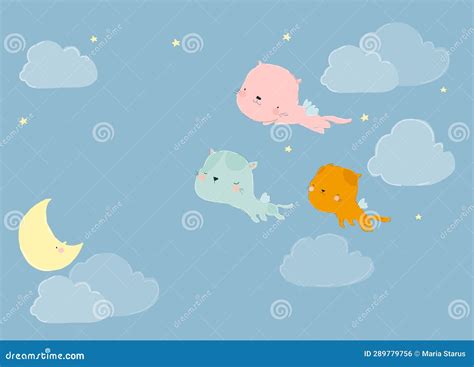 Cute Cartoon Cats Flying on the Sky.Pet Cartoon Hand Drawn Stock Vector ...