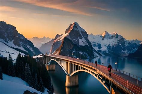 Premium Photo | A bridge over a lake at sunset