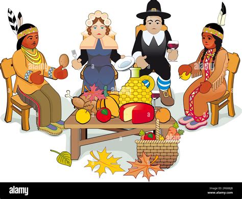 Illustration Thanksgiving Day. Pilgrims and Native American Couple Stock Vector Image & Art - Alamy