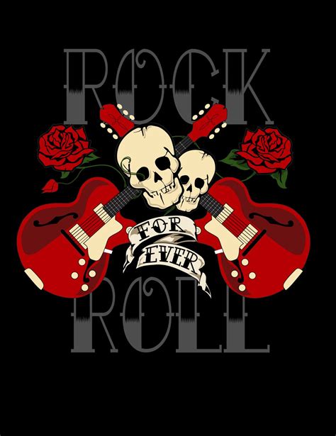 two guitars with roses and skulls on them, rock'n'roll is written ...