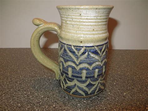 Unique Large 24 oz Hand Thrown Stoneware Pottery Mug Stein Cream & Blue | Pottery mugs ...
