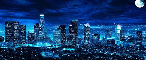 3840x2160px | free download | HD wallpaper: Cities, Los Angeles, Blue, Cityscape, Cloud, Moon ...