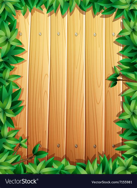 Border design with green leaves on wooden wall Vector Image