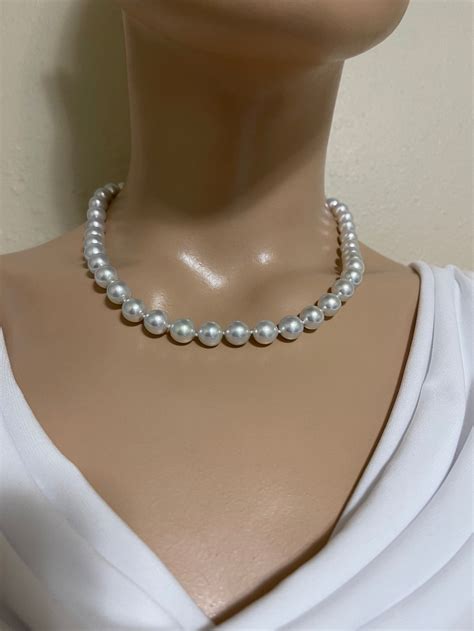 Natural Light Blue Akoya Pearl Necklace 14KYG - Etsy