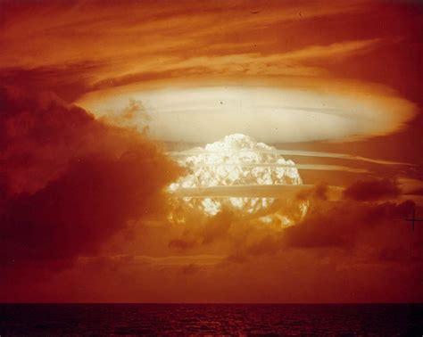 Operation Castle. Bravo explosion cloud, seen from the USS Estes (AGC ...
