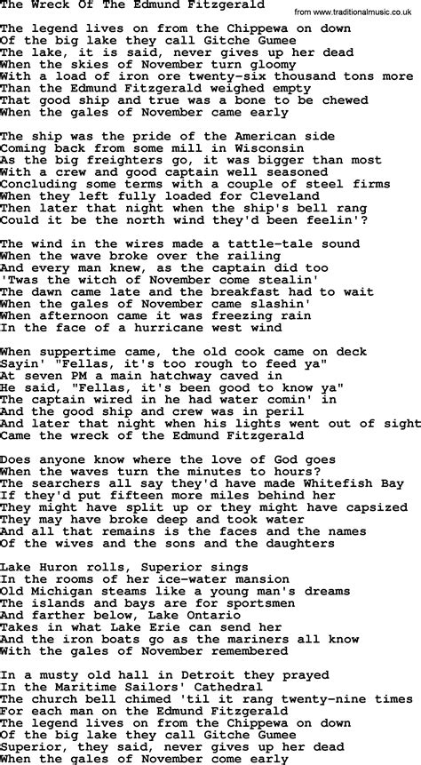 The Wreck Of The Edmund Fitzgerald, by Gordon Lightfoot, Lyrics