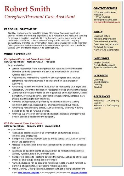 Personal Care Assistant Resume Samples | QwikResume