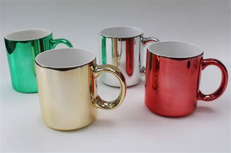 80s 90s vintage ceramic coffee mugs w/ metallic foil colors, set of cups made in Taiwan