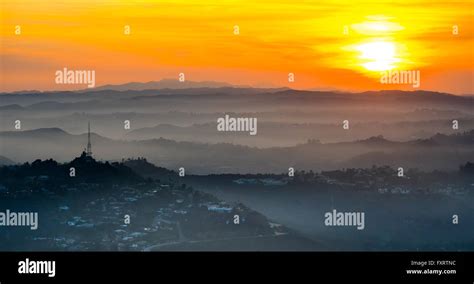 Aerial view, sunset over the Hollywood Hills, sunset, sun ball, romantic mood, Los Angeles, Los ...