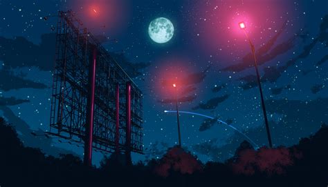 #anime #Moon street light night sky #stars digital art #artwork #digital #5K #wallpaper # ...