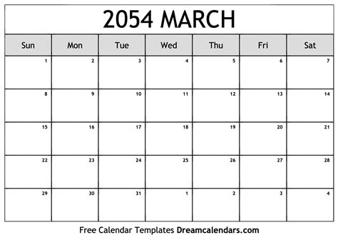 March 2054 Calendar - Free Printable with Holidays and Observances