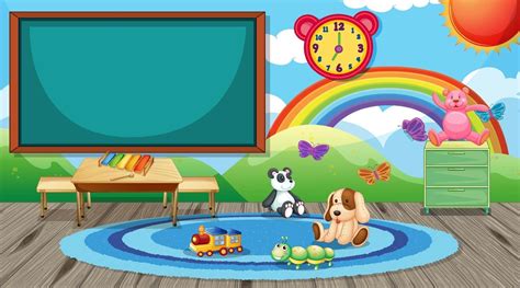 Empty kindergarten classroom interior with chalkboard and kid toys ...