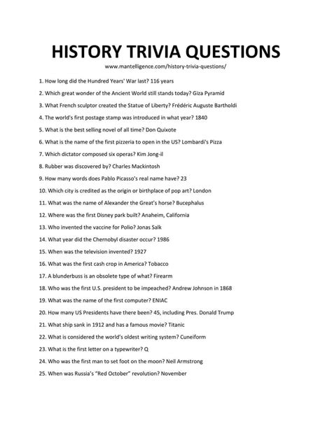 American History Trivia Questions Printable