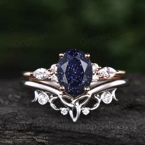 Oval Blue Sandstone Engagement Ring Set 14k Rose Gold Galaxy - Etsy