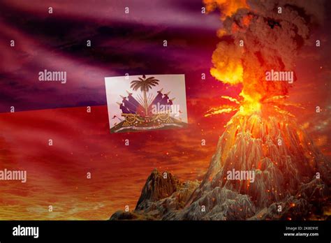 conical volcano eruption at night with explosion on Haiti flag ...