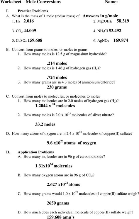 Mole conversions worksheet 2 answers | Lousiana