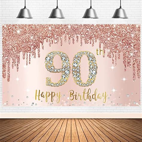 Happy 90th Birthday Banner Backdrop Decorations for Women, Rose Gold 90 Birthday Party Sign ...