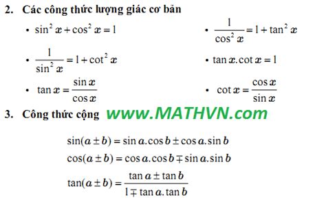 BẢNG CÁC CÔNG THỨC LƯỢNG GIÁC