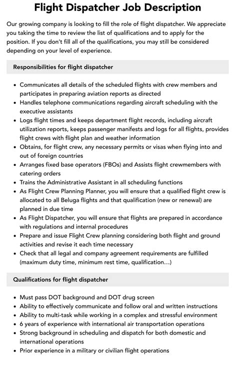 Flight Dispatcher Job Description | Velvet Jobs