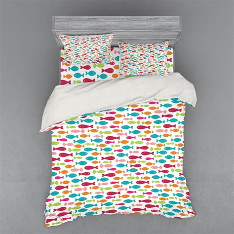 Fish Duvet Cover Set, Colorful Silhouettes of Fish Pattern Nautical Illustration with Simplistic ...