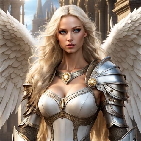 Female angel, average build, large white angel wings, ivory skin, long blond hair, large bright ...