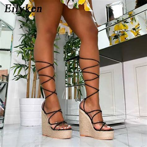 Eilyken 2023 Champagne Gold Wedge Heel Sandals Amazon Womens Lace Up Peep Toe High Heels With ...