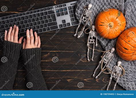 Female Hands and Halloween Decorations with Skeleton and Laptop Stock Image - Image of creepy ...