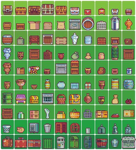 Pixel art treasure chests, boxes, barrels, and crates - "100 container ...