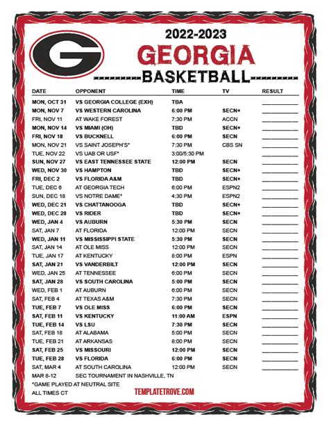 Printable 2022-2023 Georgia Bulldogs Basketball Schedule