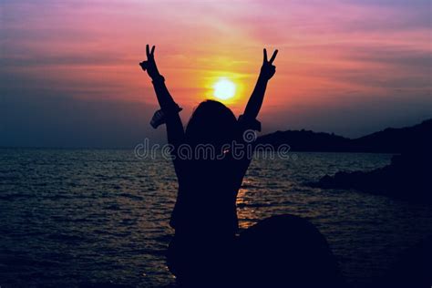 Silhouette Happy Girl in Sunset Time Stock Photo - Image of female, water: 136788234