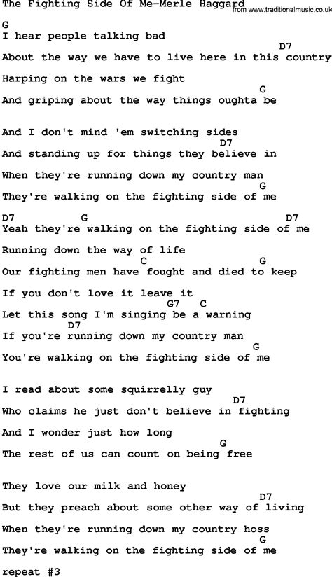 Country Music:The Fighting Side Of Me-Merle Haggard Lyrics and Chords