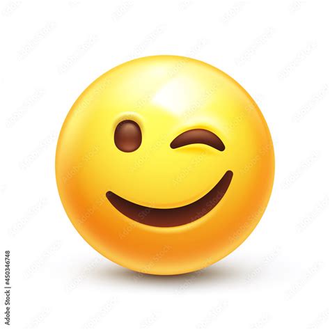 Winking Face. Eye wink emoji, funny yellow emoticon with smiling lips 3D stylized vector icon ...